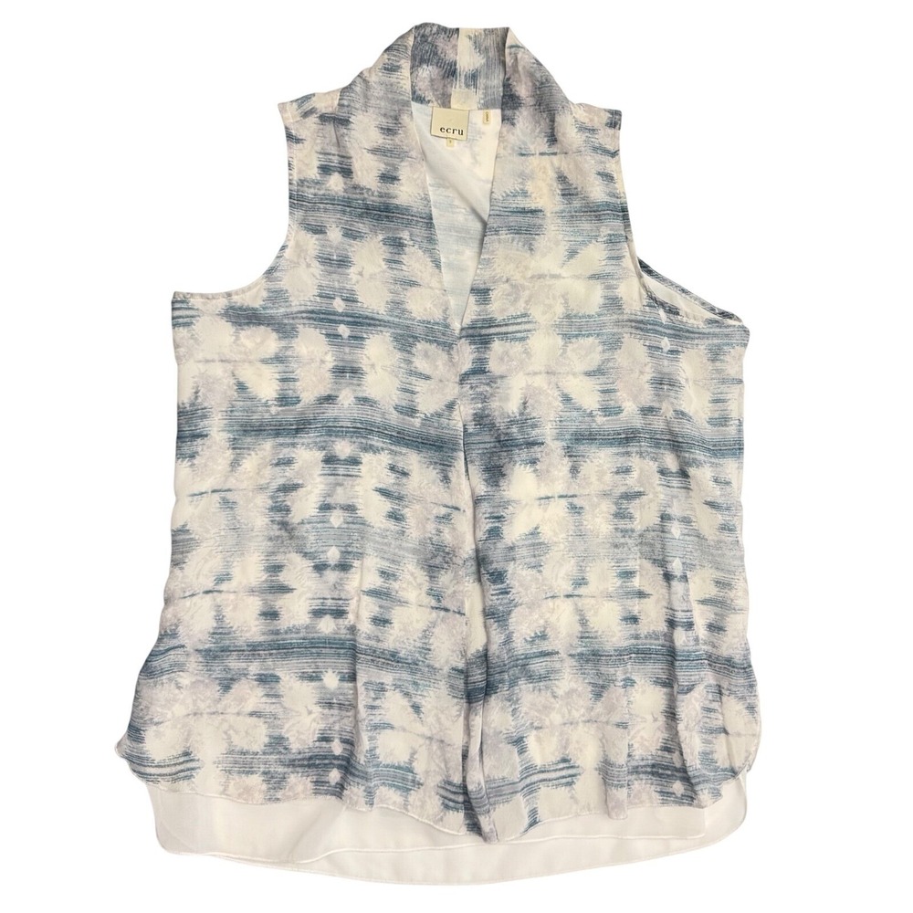 Ecru Womens Top Small 100% Silk Sleeveless Blouse v-neck Layered Hem Watercolor - Picture 2 of 6